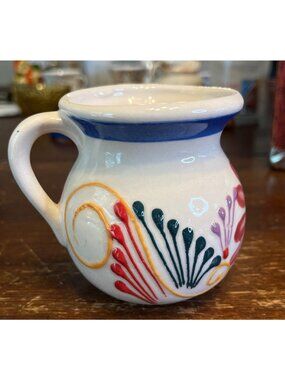 Hand-Painted Ceramic Creamer Pitcher Floral Design Blue Rim vibrant multicolor